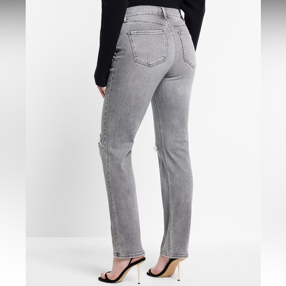 Express High Waisted Ripped Pearl Embellishment Modern Straight Jeans - Picture 2 of 16